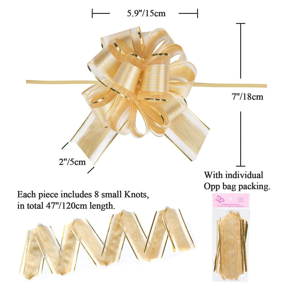 Gold pull bow with striped ribbon, showing dimensions and packaging. A flat lay of ribbon strips is also visible.