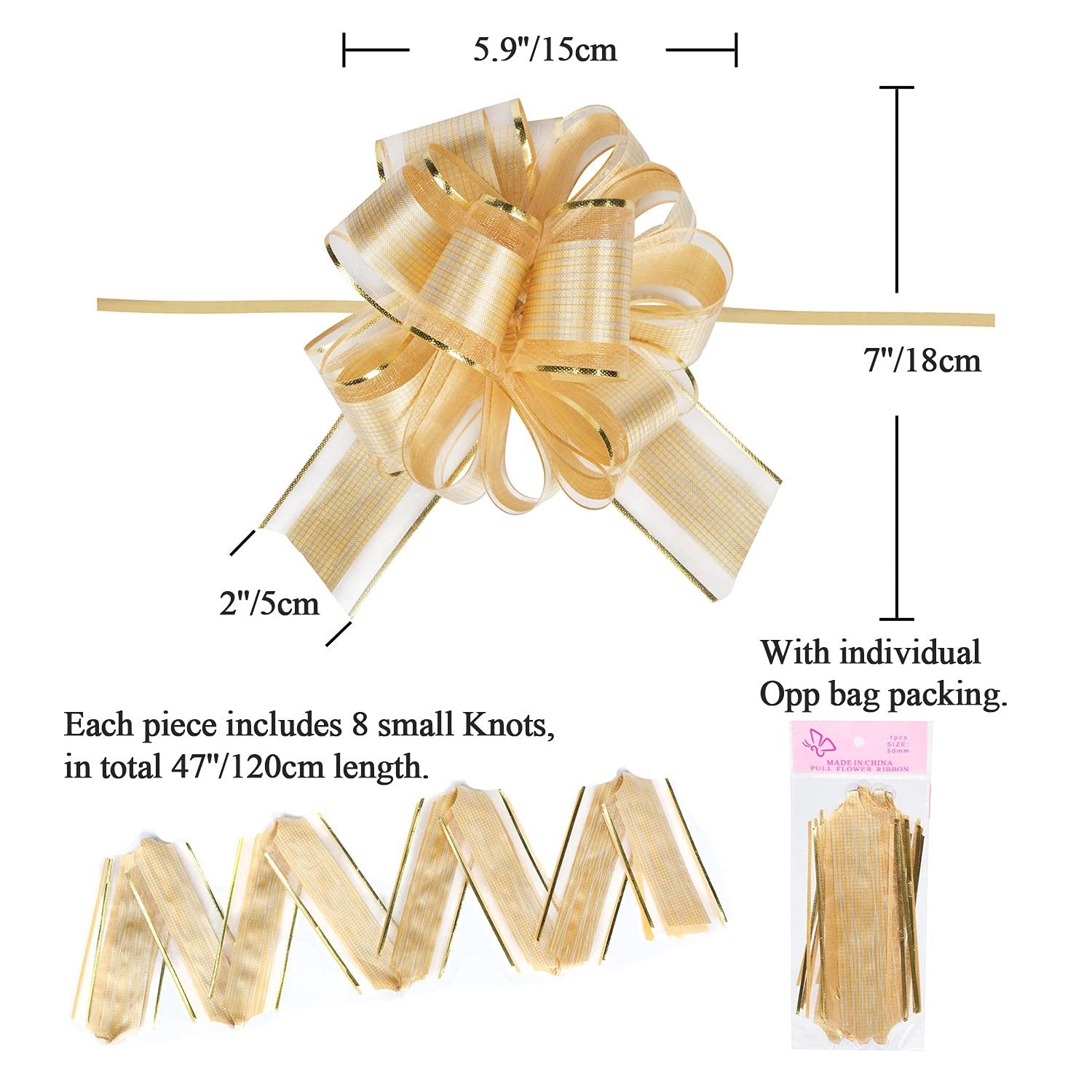 Gold pull bow with striped ribbon, showing dimensions and packaging. A flat lay of ribbon strips is also visible.