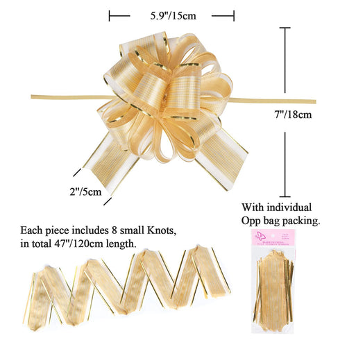Gold pull bow with striped ribbon, showing dimensions and packaging. A flat lay of ribbon strips is also visible.