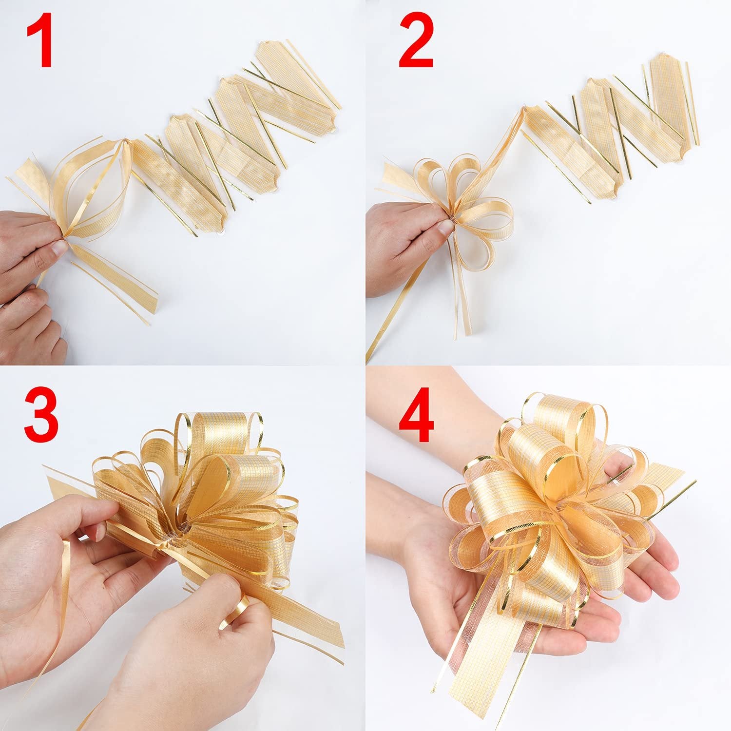 Four steps showing how to make a gold pull bow with hands on a white background.