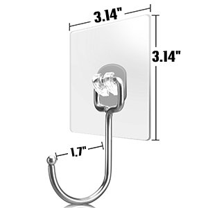 Transparent adhesive wall hook with silver metal hook, showing dimensions 3.14 inches square and 1.7 inch hook length.