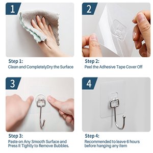 Four-step installation guide for adhesive wall hooks: cleaning surface, peeling tape, pasting hook, and waiting period.
