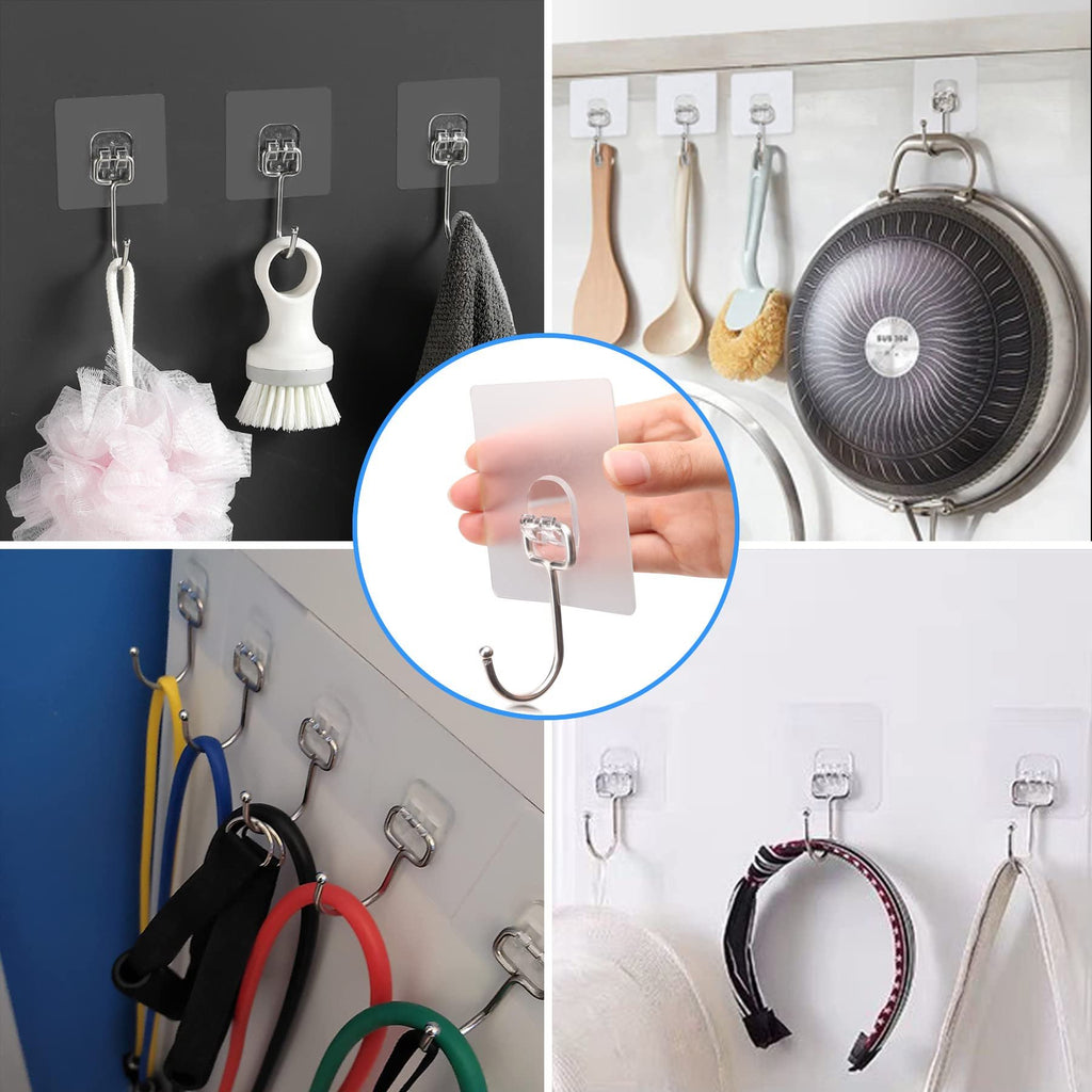Collage of adhesive wall hooks demonstrating various uses: hanging bath pouf, brush, towel, kitchen utensils, frying pan, resistance bands, headbands, and bags.