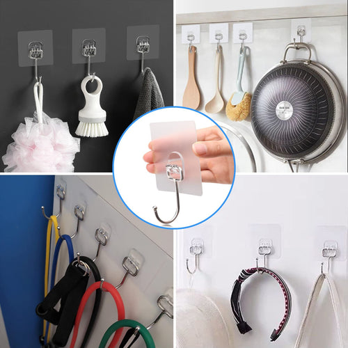 Collage of adhesive wall hooks demonstrating various uses: hanging bath pouf, brush, towel, kitchen utensils, frying pan, resistance bands, headbands, and bags.