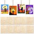Ten unfinished wood Halloween ornaments with five different designs, shown with and without color.