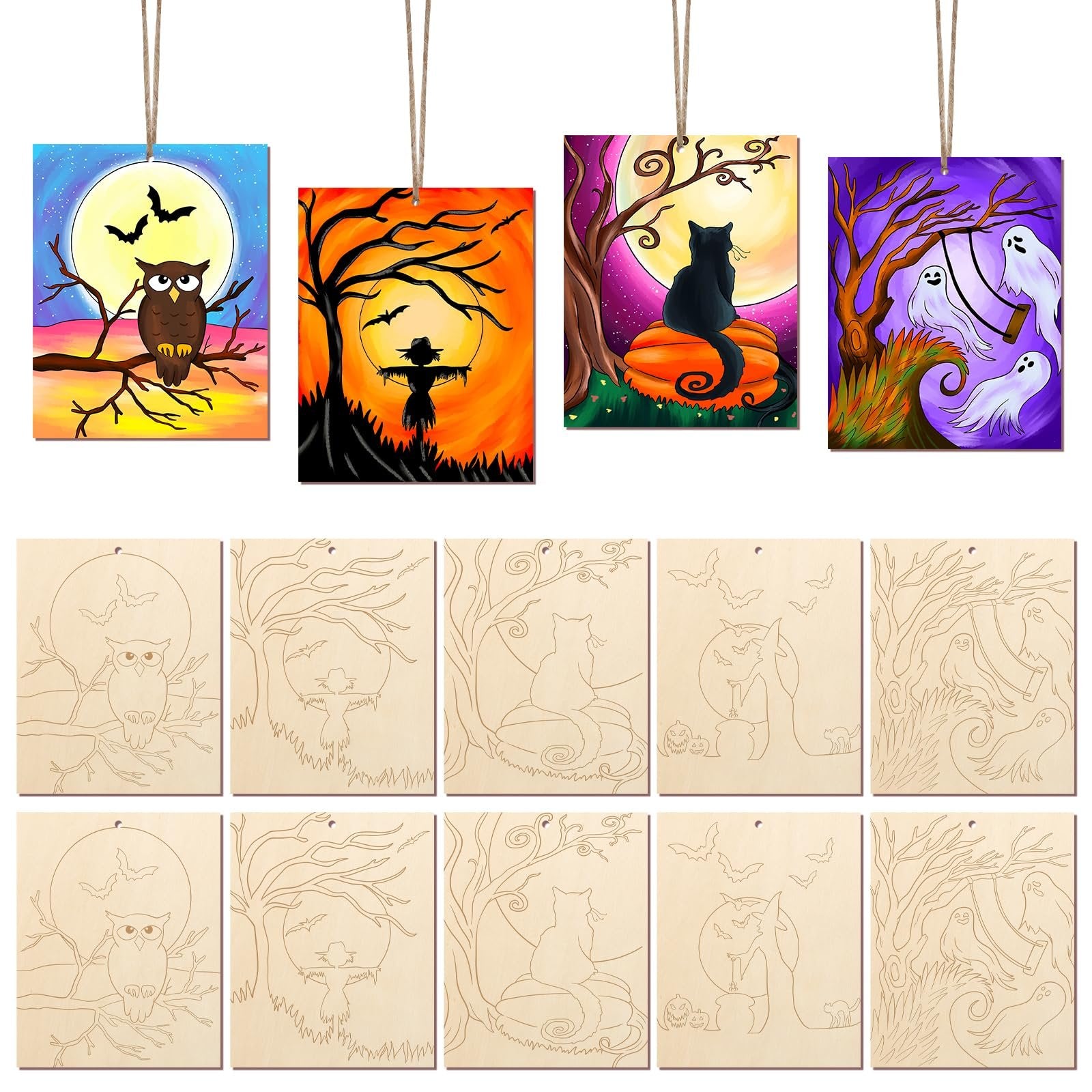 Ten unfinished wood Halloween ornaments with five different designs, shown with and without color.