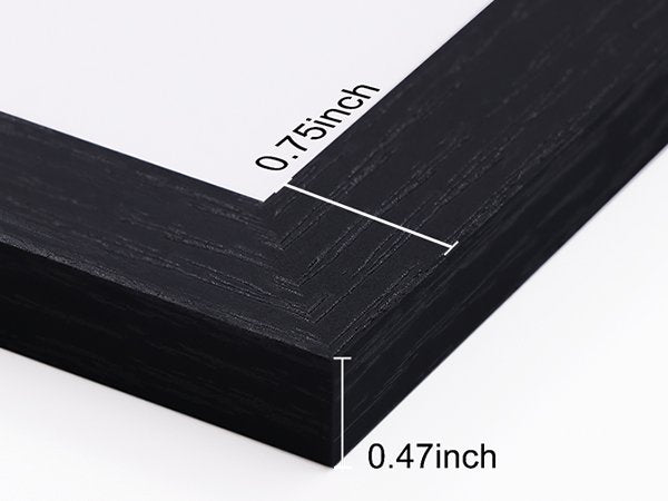 Close-up of a black picture frame corner showing dimensions 0.75 inch and 0.47 inch