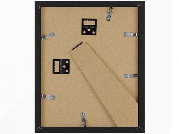 Back of a black picture frame showing the backing board, hanging hardware, and stand.