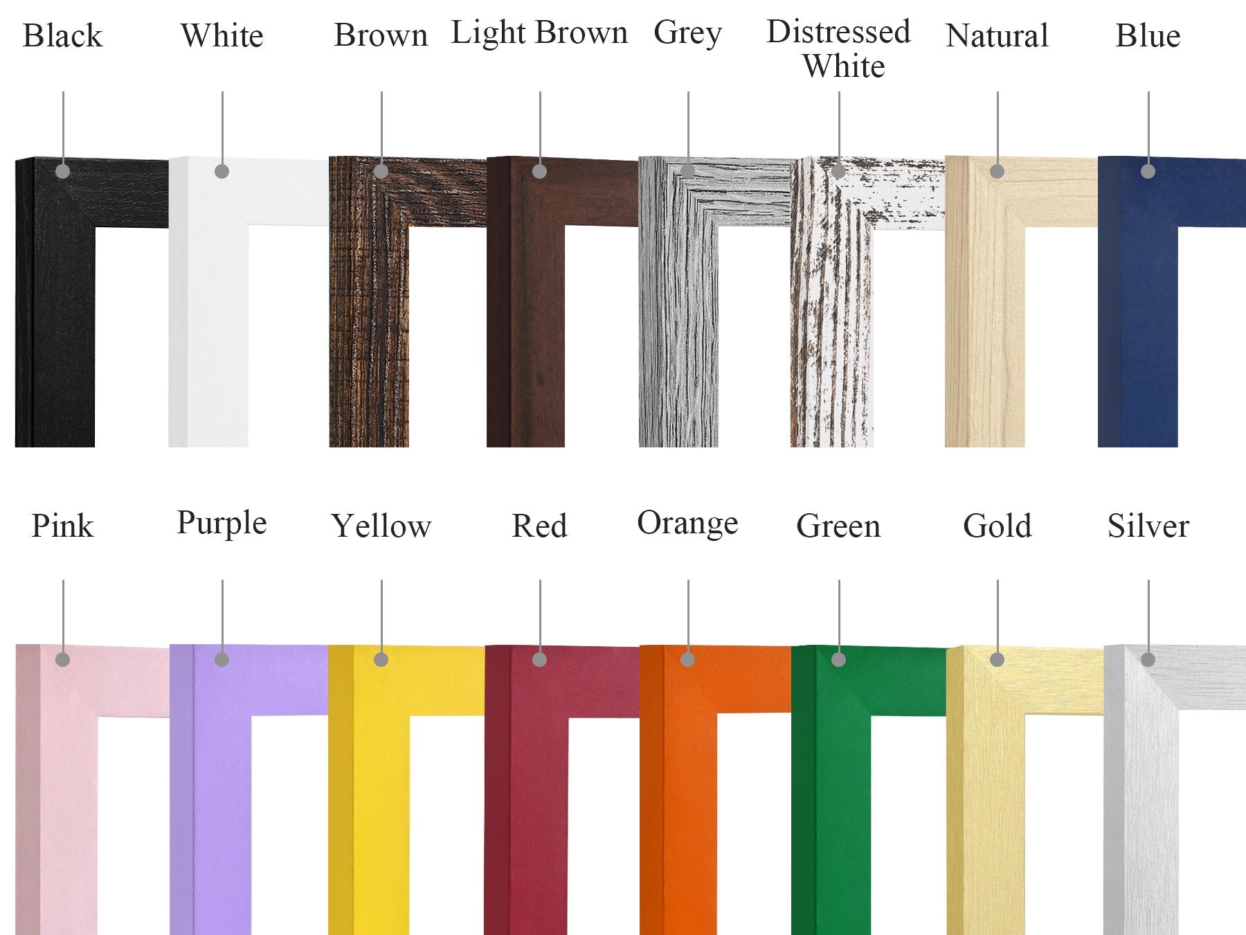 Collage of picture frame corner samples in various colors and finishes, labeled with color names.