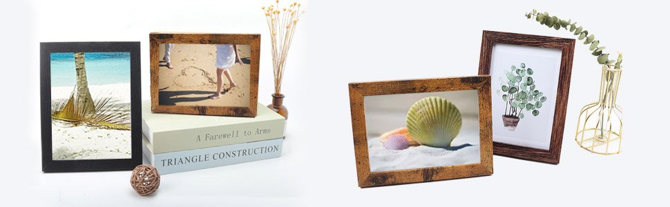 Collection of rustic brown and black picture frames displaying beach scenes and plant art, arranged on books and next to decor.