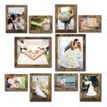 Collage of ten rustic brown picture frames displaying wedding and couple photos.
