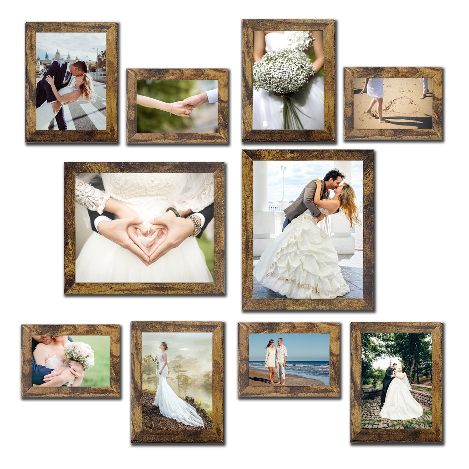 Collage of ten rustic brown picture frames displaying wedding and couple photos.