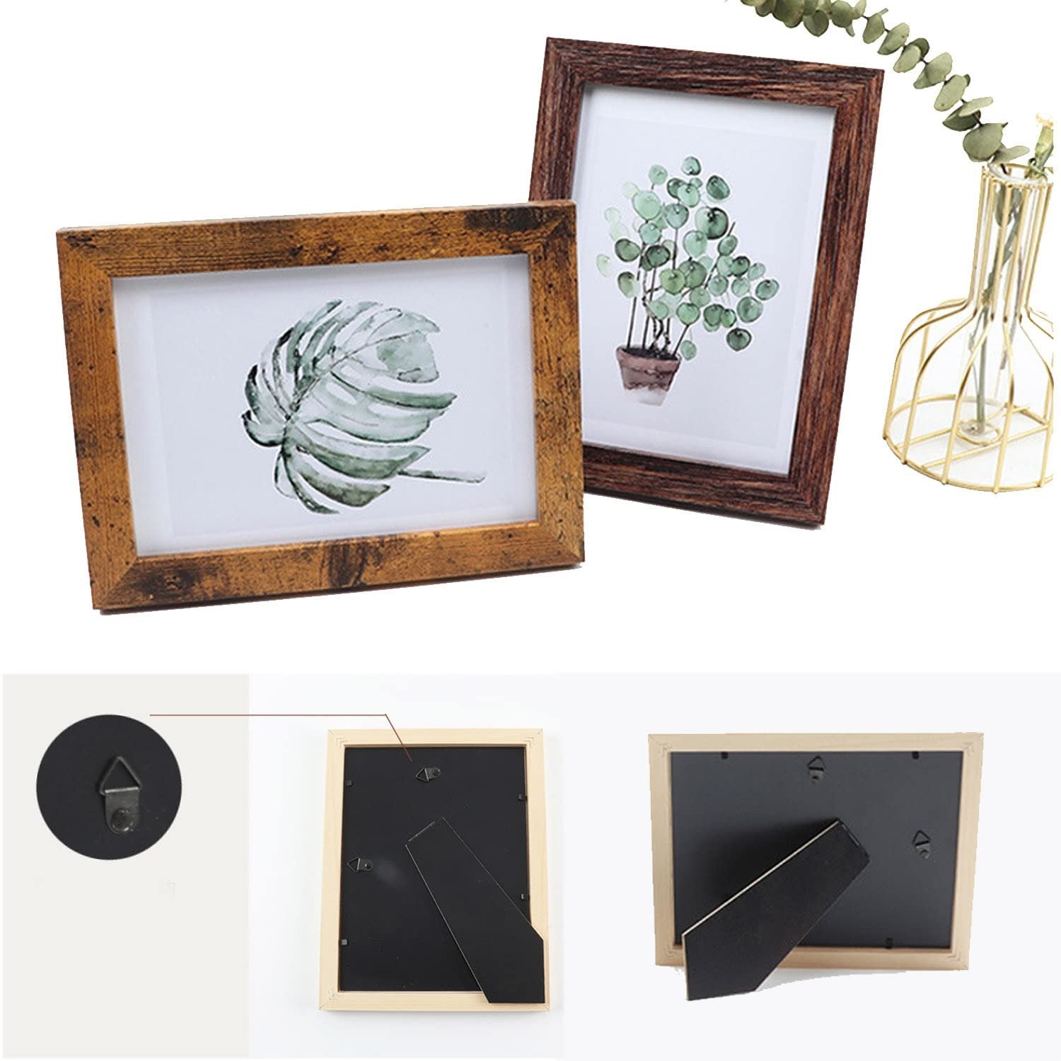 Two rustic brown picture frames with botanical prints, shown with back views and hanging hardware.