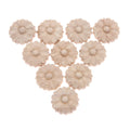 Ten unpainted wooden rosette onlay appliques arranged in a triangle on a white background.