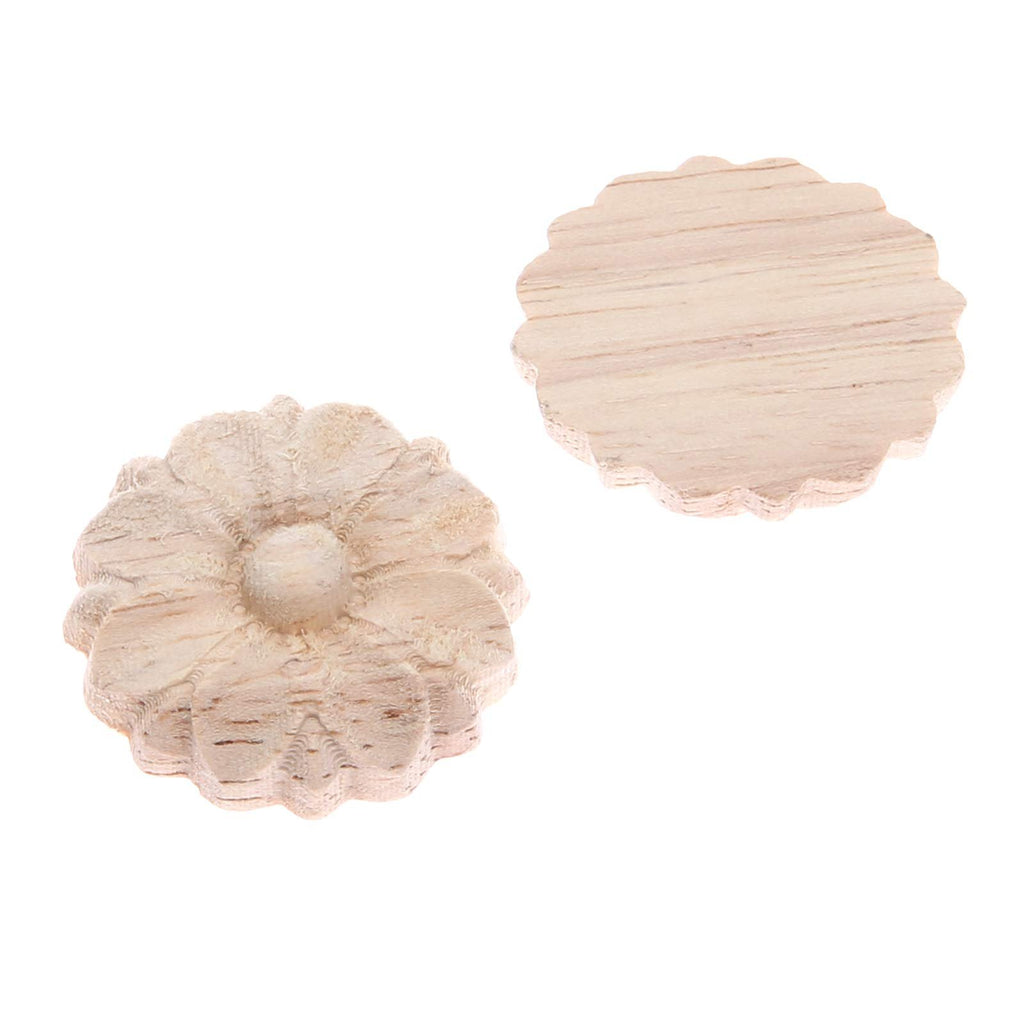 Two unpainted wooden rosette onlay appliques with carved flower details on a white background.