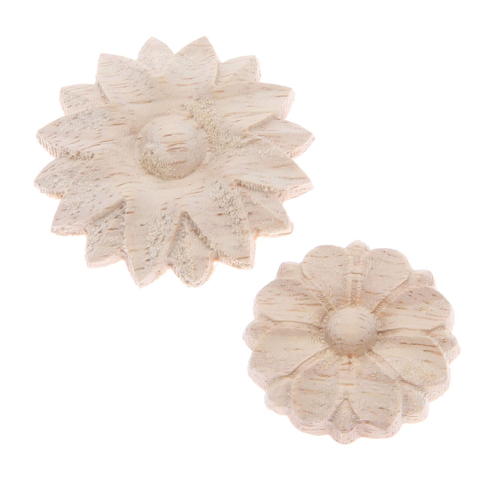 Two unpainted wooden rosette onlay appliques with flower carvings, one larger and one smaller, on a white background.