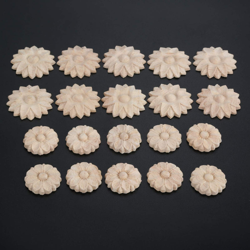Twenty unpainted wood rosette onlay appliques arranged in four rows on a black background.