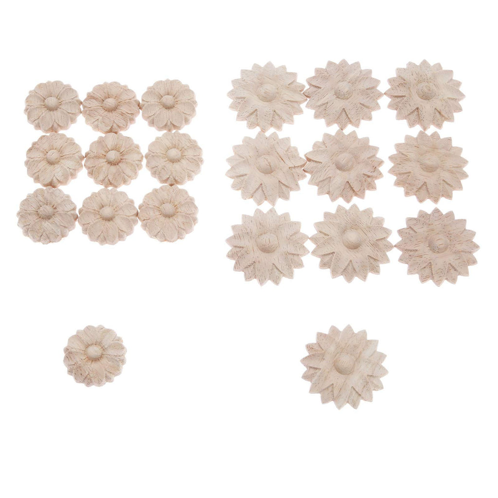 Unpainted wood rosette onlay appliques in two floral designs, arranged in groups on a white background.