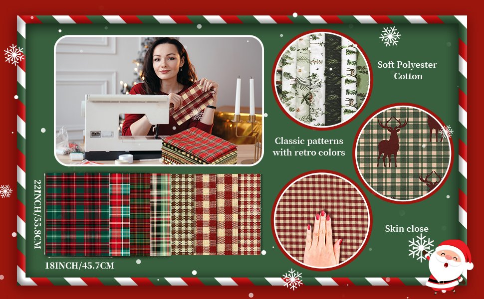 Woman with sewing machine holding plaid fabric samples, surrounded by fabric patterns and text callouts.