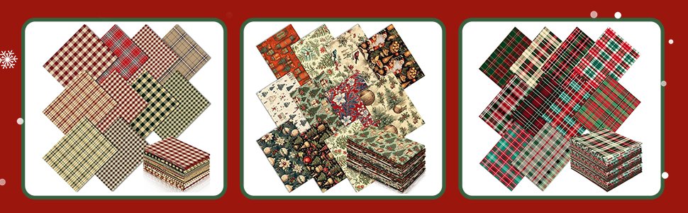 Three stacks of assorted floral and plaid quilting fabric squares, displayed at angles.