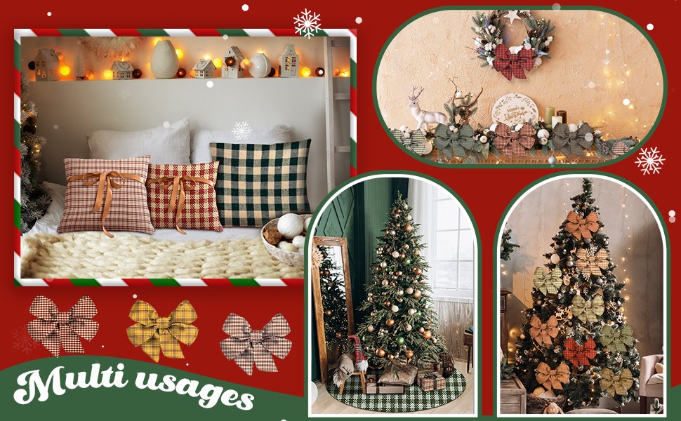 Christmas decorations including pillows, bows, and decorated trees, with text 'Multi usages'