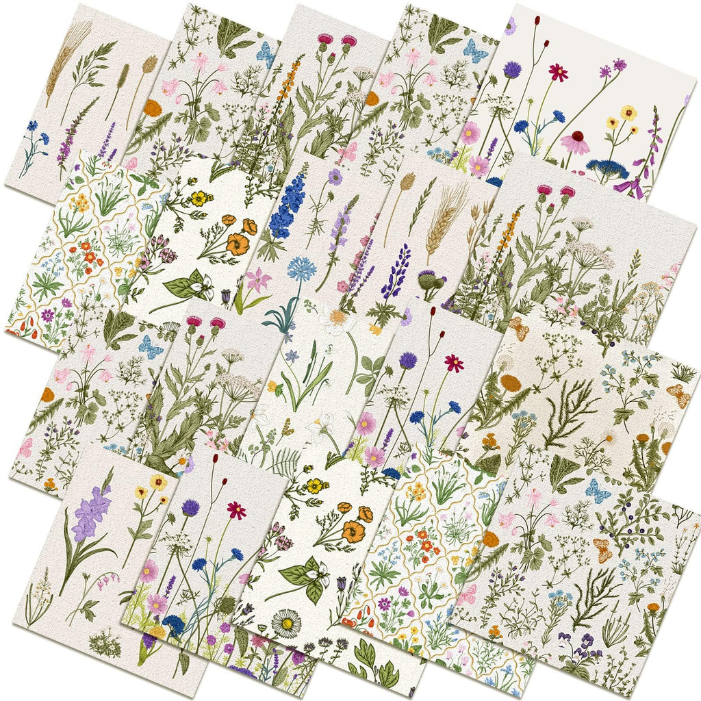 Ten floral fat quarter fabric pieces with various wildflower and botanical illustrations, arranged in a fanned layout.