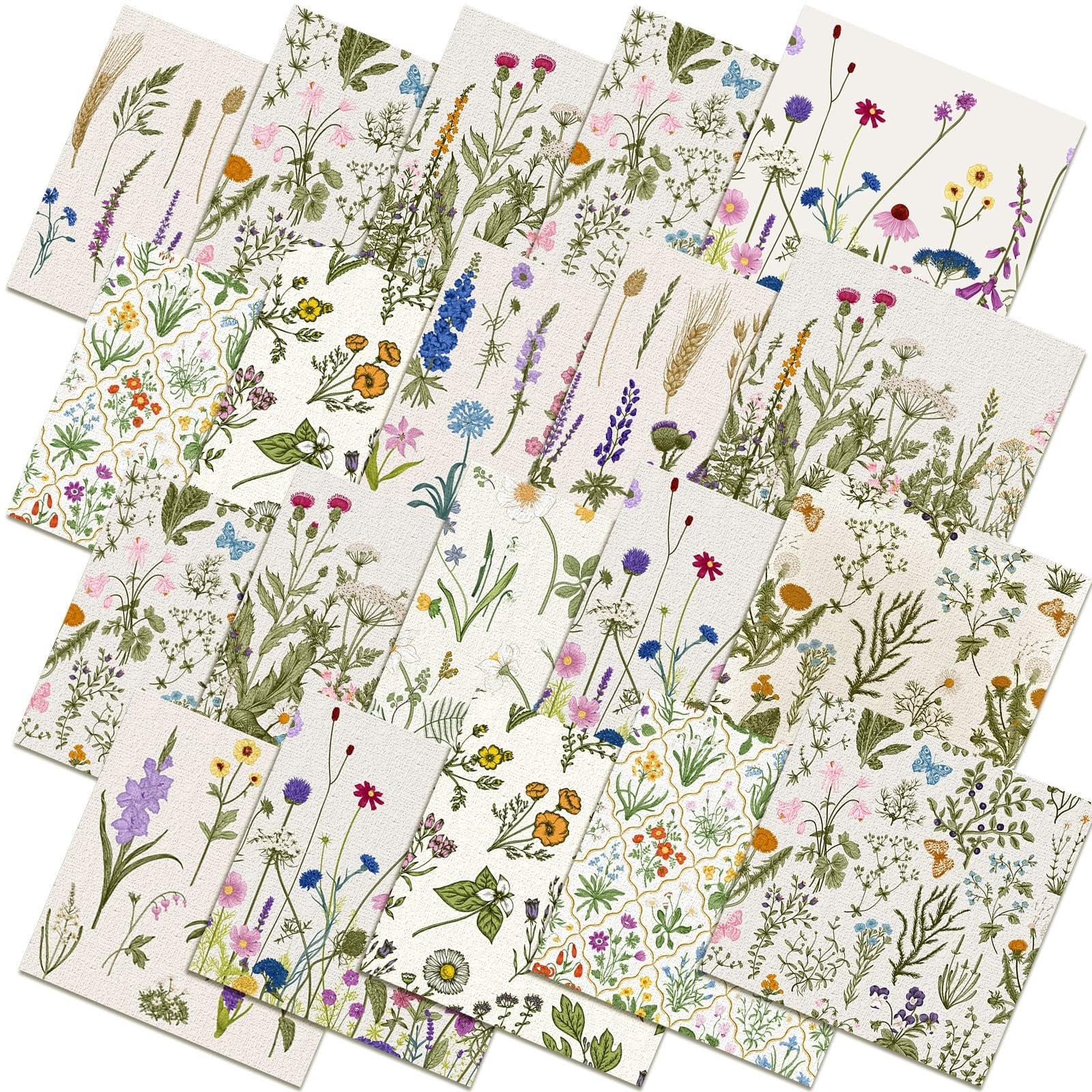 Ten floral fat quarter fabric pieces with various wildflower and botanical illustrations, arranged in a fanned layout.