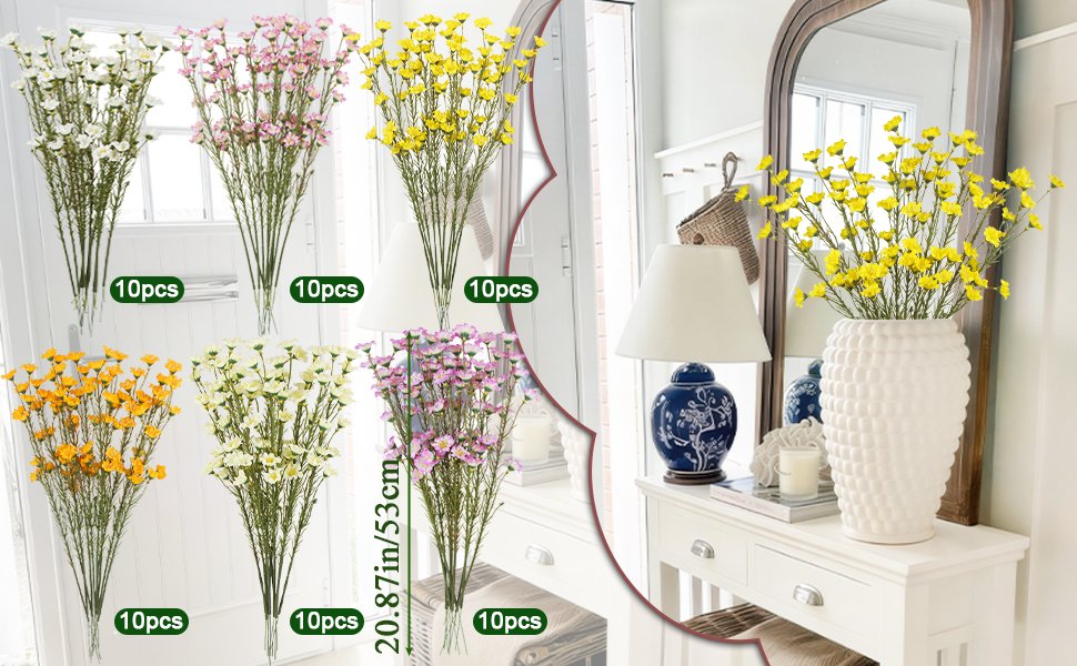 Collage of artificial forsythia branches in various colors, displayed in vases and as product shots.