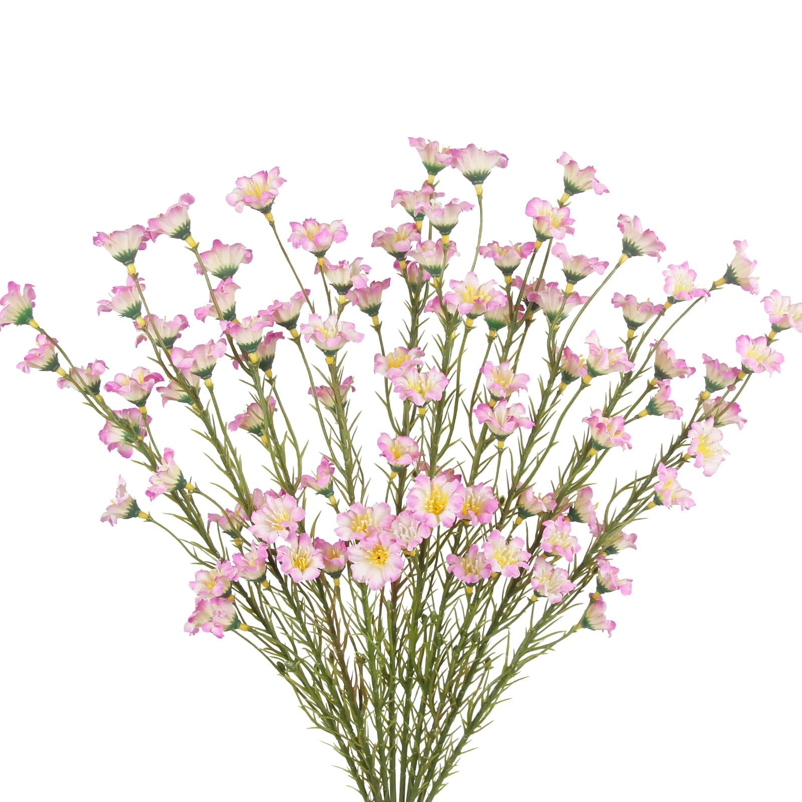 Bouquet of artificial pink forsythia branches with delicate white and yellow centers, set against a white background.