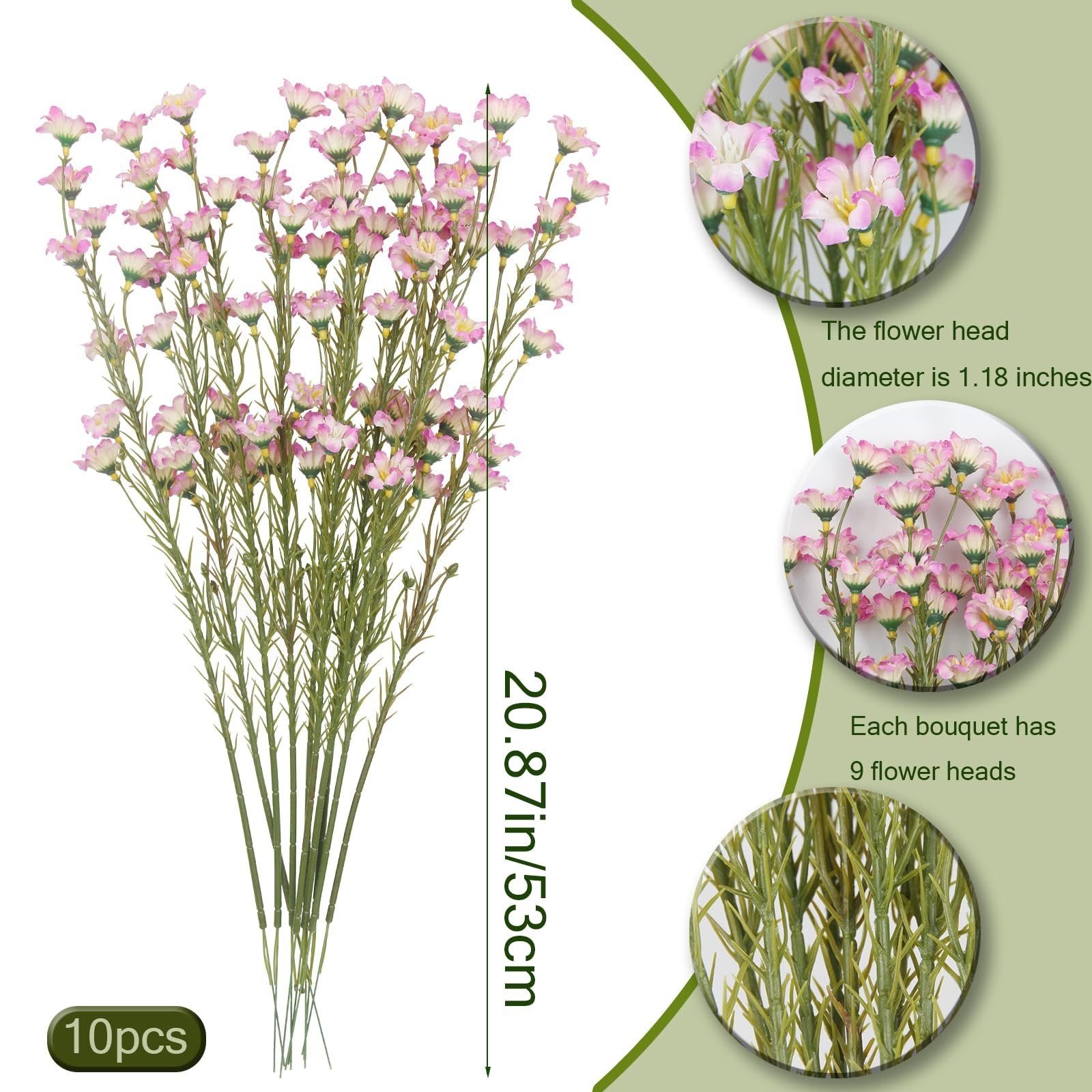 Bunch of 10 artificial pink forsythia branches with stems, showing close-ups of flowers and stems.