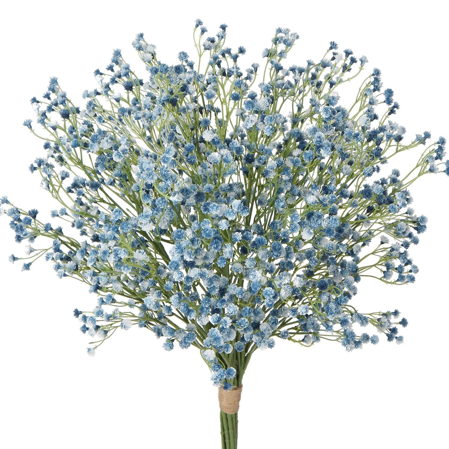 Bunch of blue artificial baby's breath flowers with green stems tied with twine