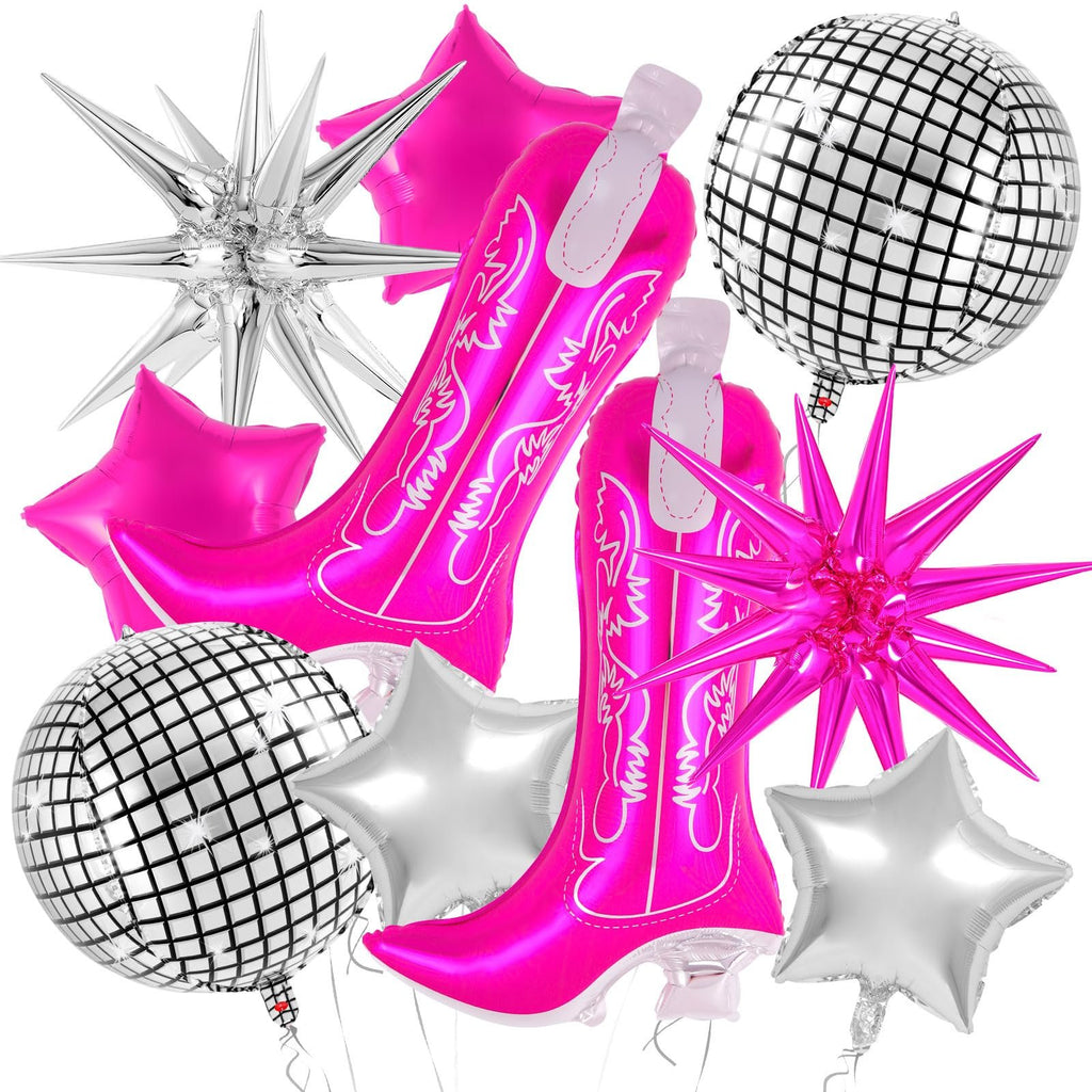 Collection of pink cowgirl boot balloons, disco ball balloons, star balloons, and starburst balloons on a white background.