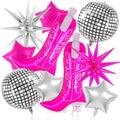 Collection of pink cowgirl boot balloons, disco ball balloons, star balloons, and starburst balloons on a white background.