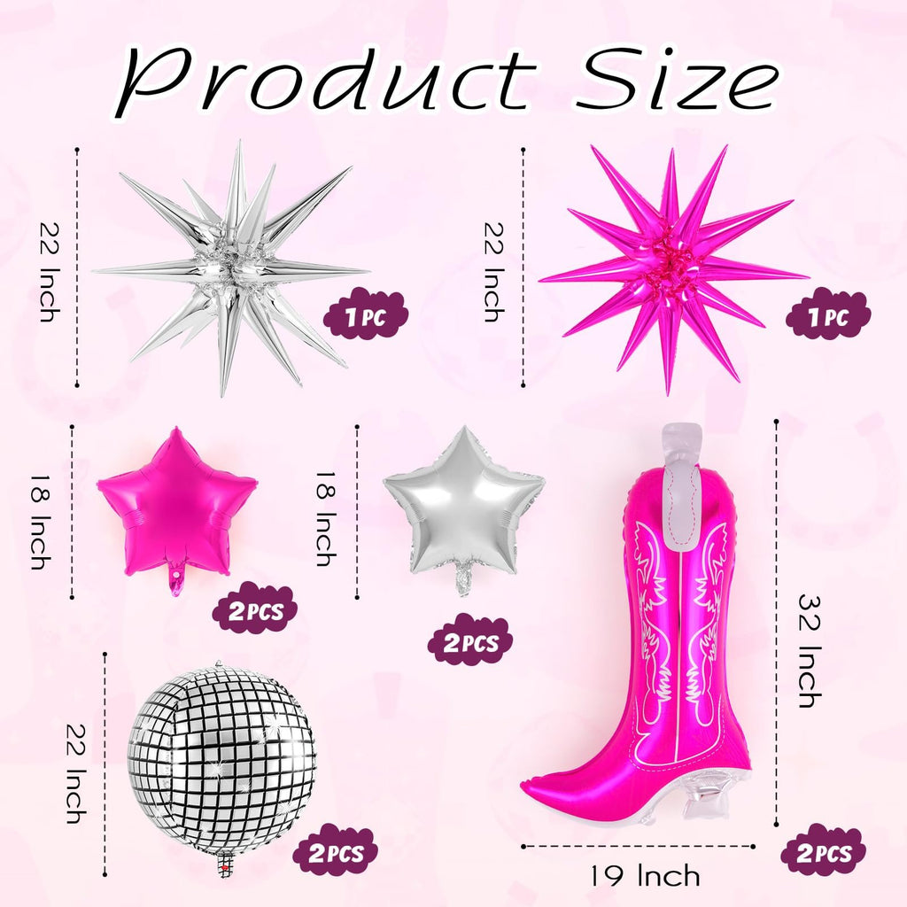 Product size chart showing various balloons including starburst, star, disco ball, and cowboy boot shapes with dimensions and quantities.