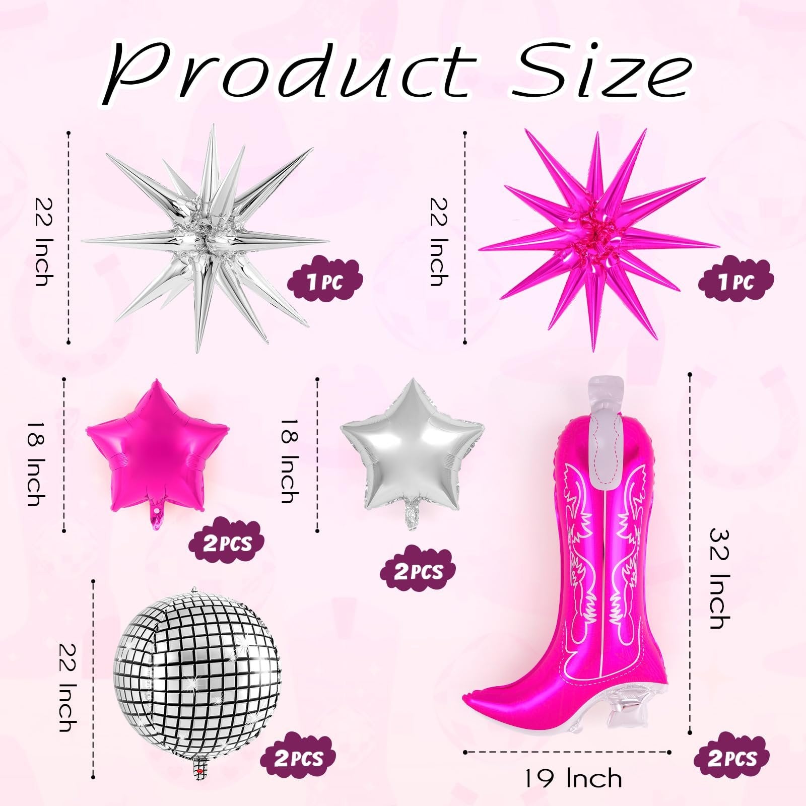 Product size chart showing various balloons including starburst, star, disco ball, and cowboy boot shapes with dimensions and quantities.