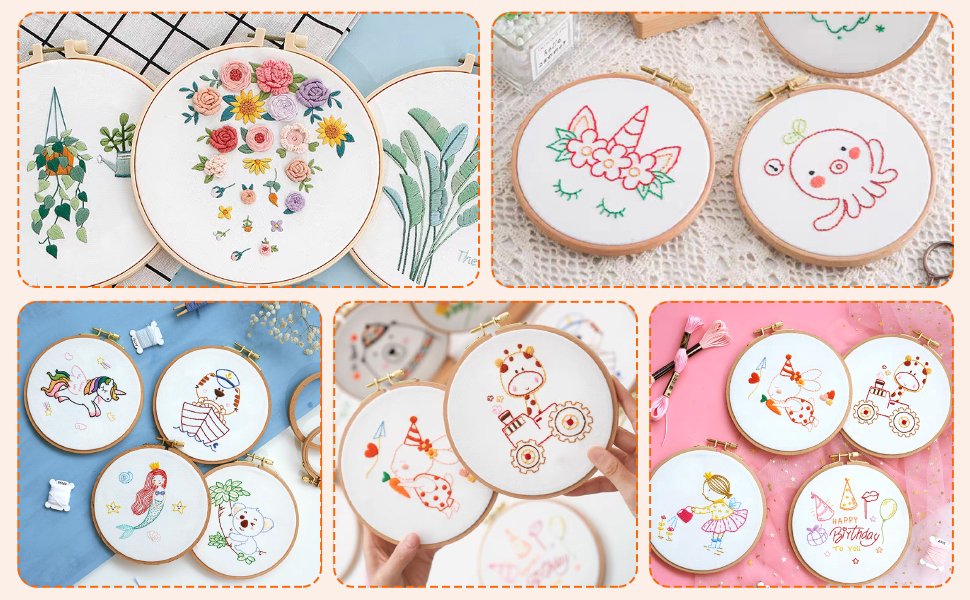 Collage of embroidery hoops with various stitched designs including plants, animals, and birthday themes.