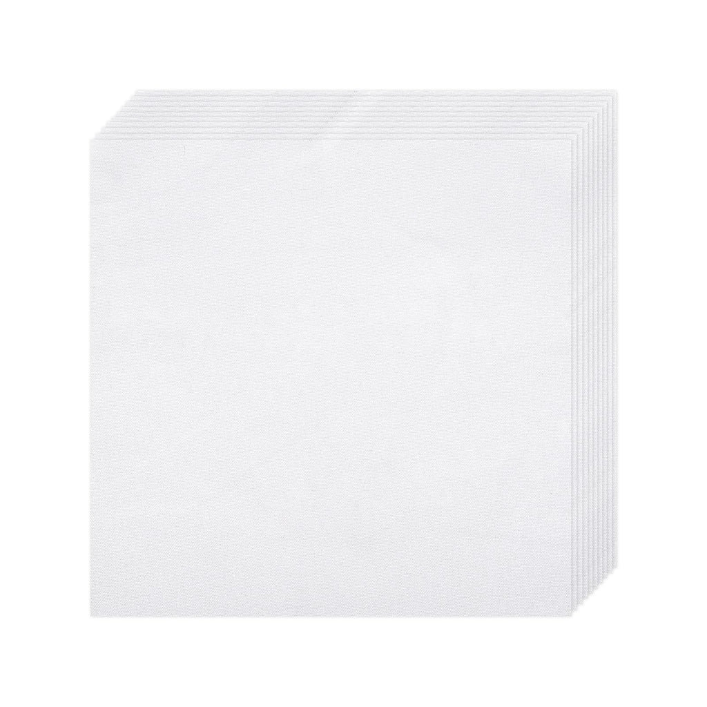 Stack of ten pre-cut white natural cotton embroidery fabric squares on a white background, angled view.