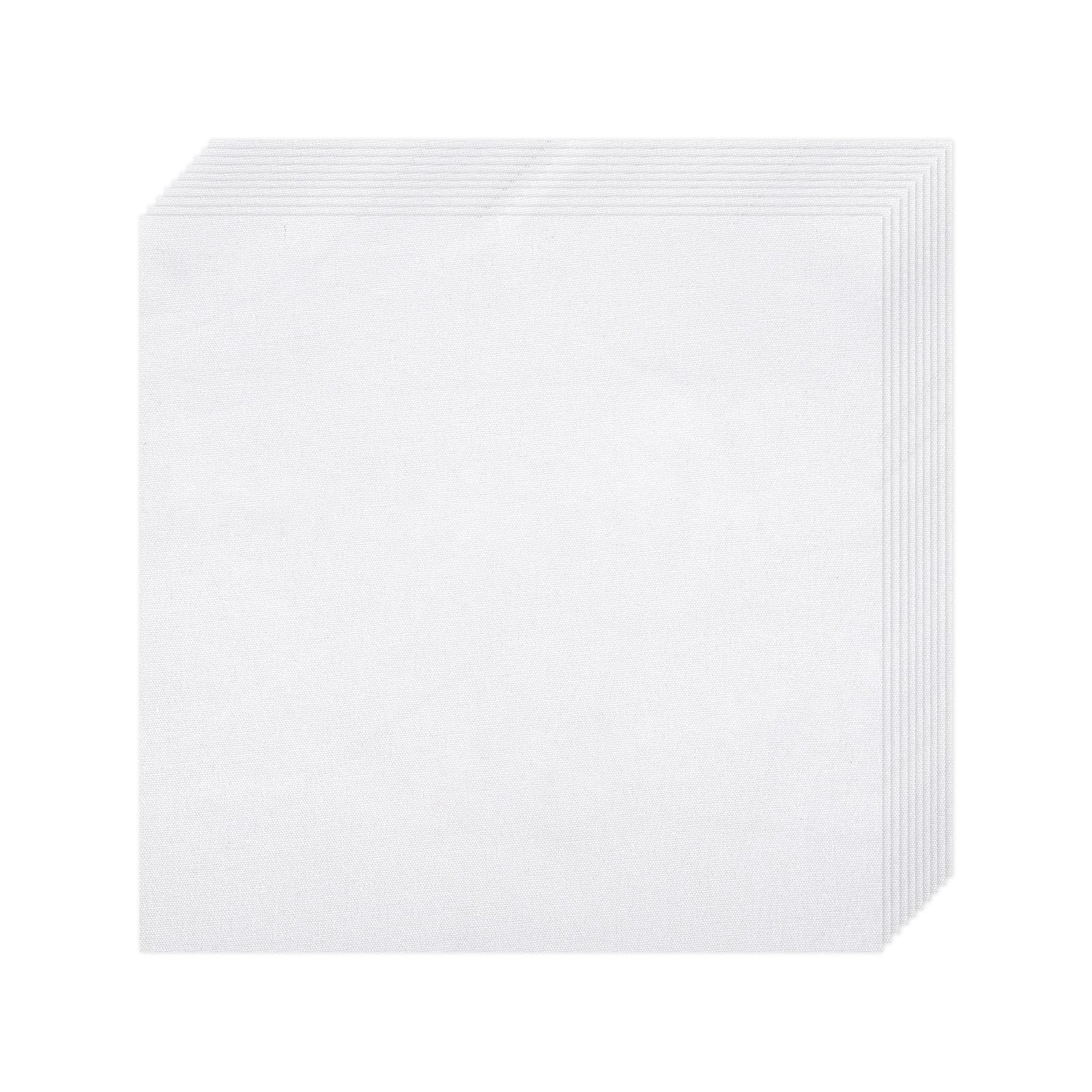 Stack of ten pre-cut white natural cotton embroidery fabric squares on a white background, angled view.
