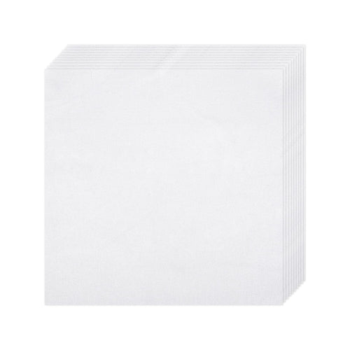 Stack of ten pre-cut white natural cotton embroidery fabric squares on a white background, angled view.
