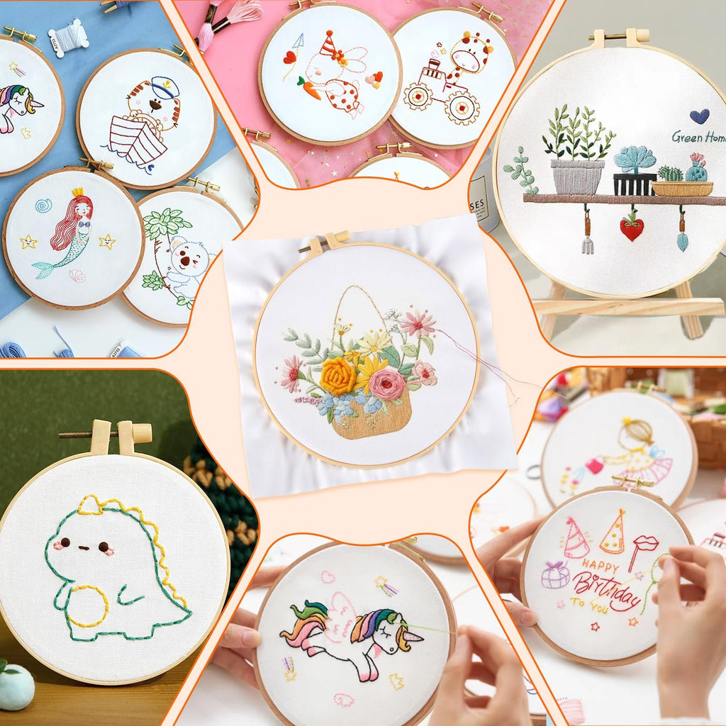 Collage of embroidery hoops with various cartoon designs including a dinosaur, unicorn, mermaid, and plants.