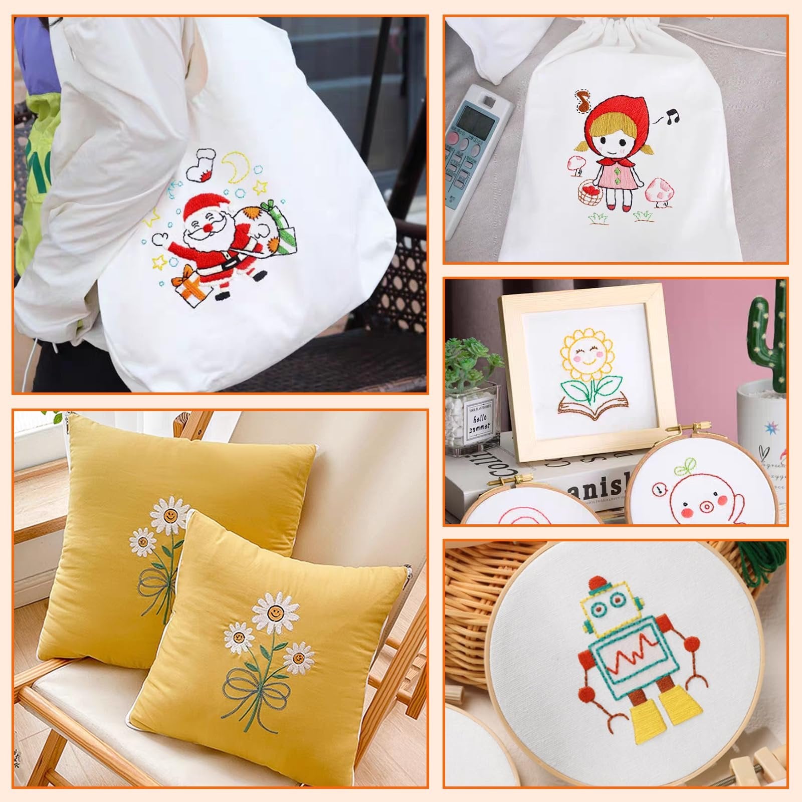 Collage of embroidered items including a tote bag with Santa, a drawstring bag with a girl, two yellow pillows with daisies, and embroidery hoops with a sunflower, a chick, and a robot.