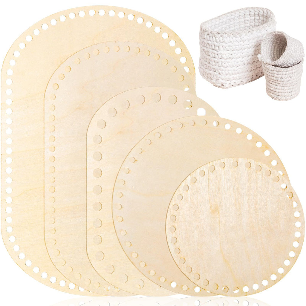 Set of 5 wooden basket bottoms for crochet, including oval and round shapes, with two finished white baskets in background.