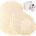 Set of 5 wooden basket bottoms for crochet, including oval and round shapes, with two finished white baskets in background.