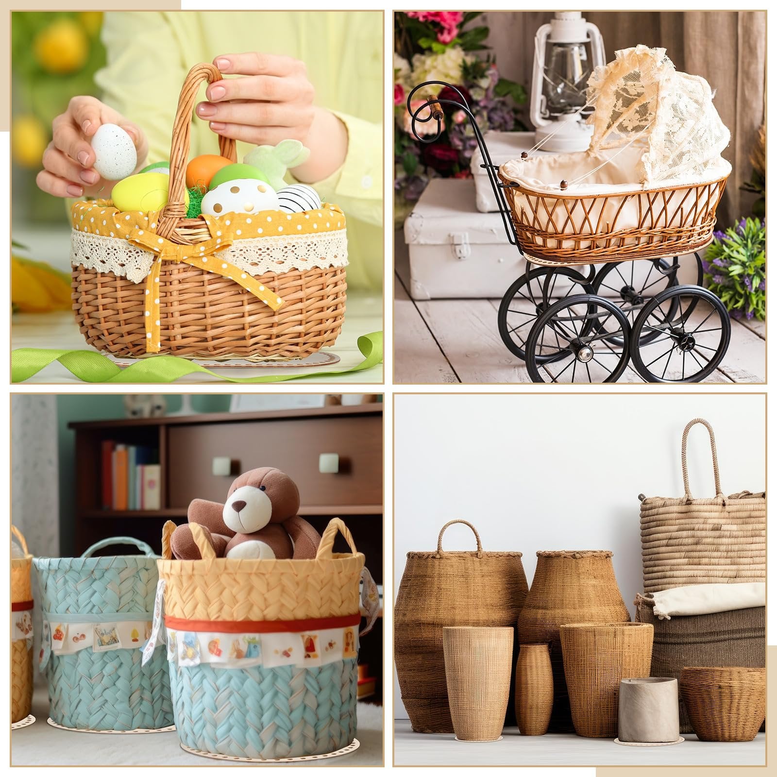 Collage of four images showing various woven baskets and decorative items.