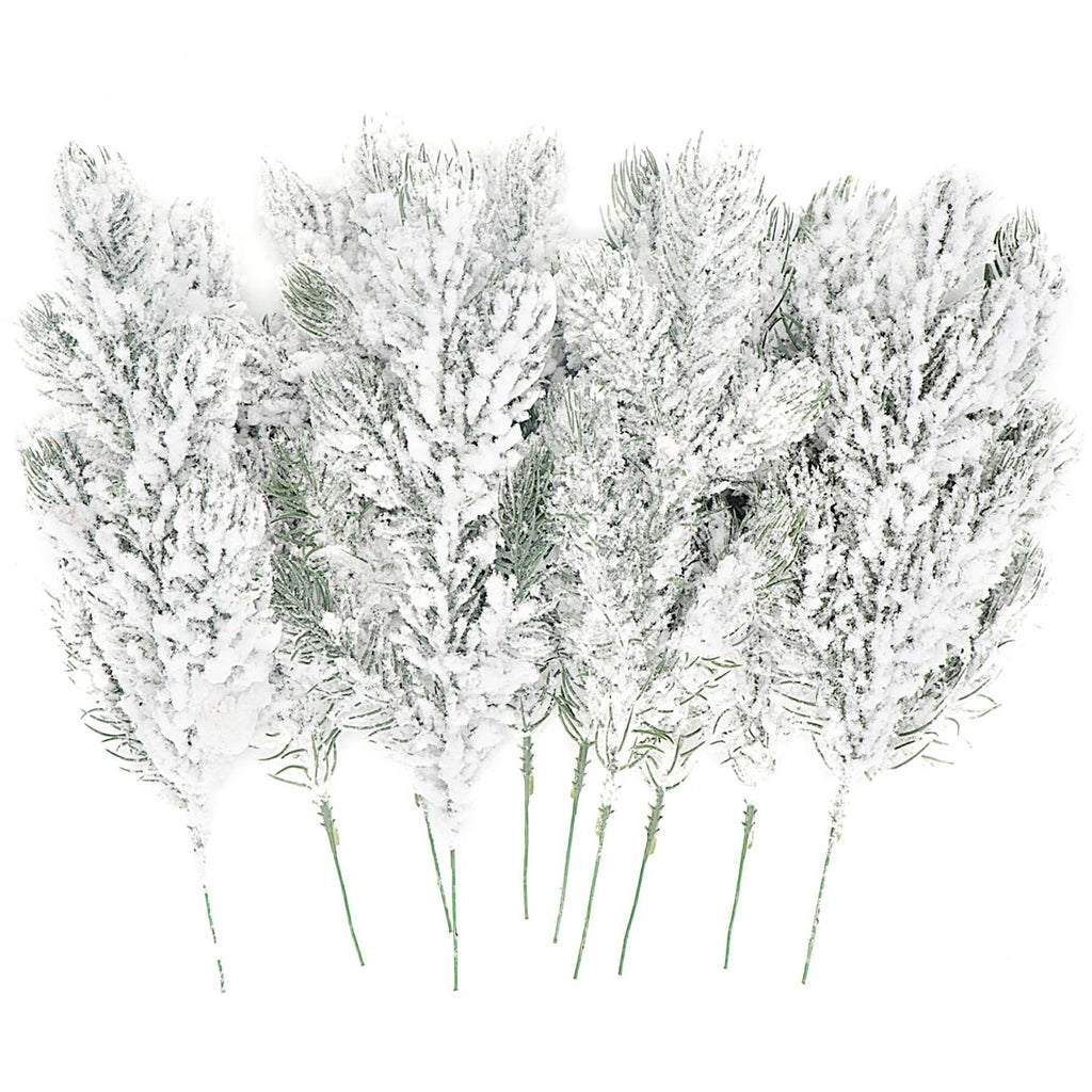 Group of 10 frosted artificial pine needle branches with white snow effect, on white background