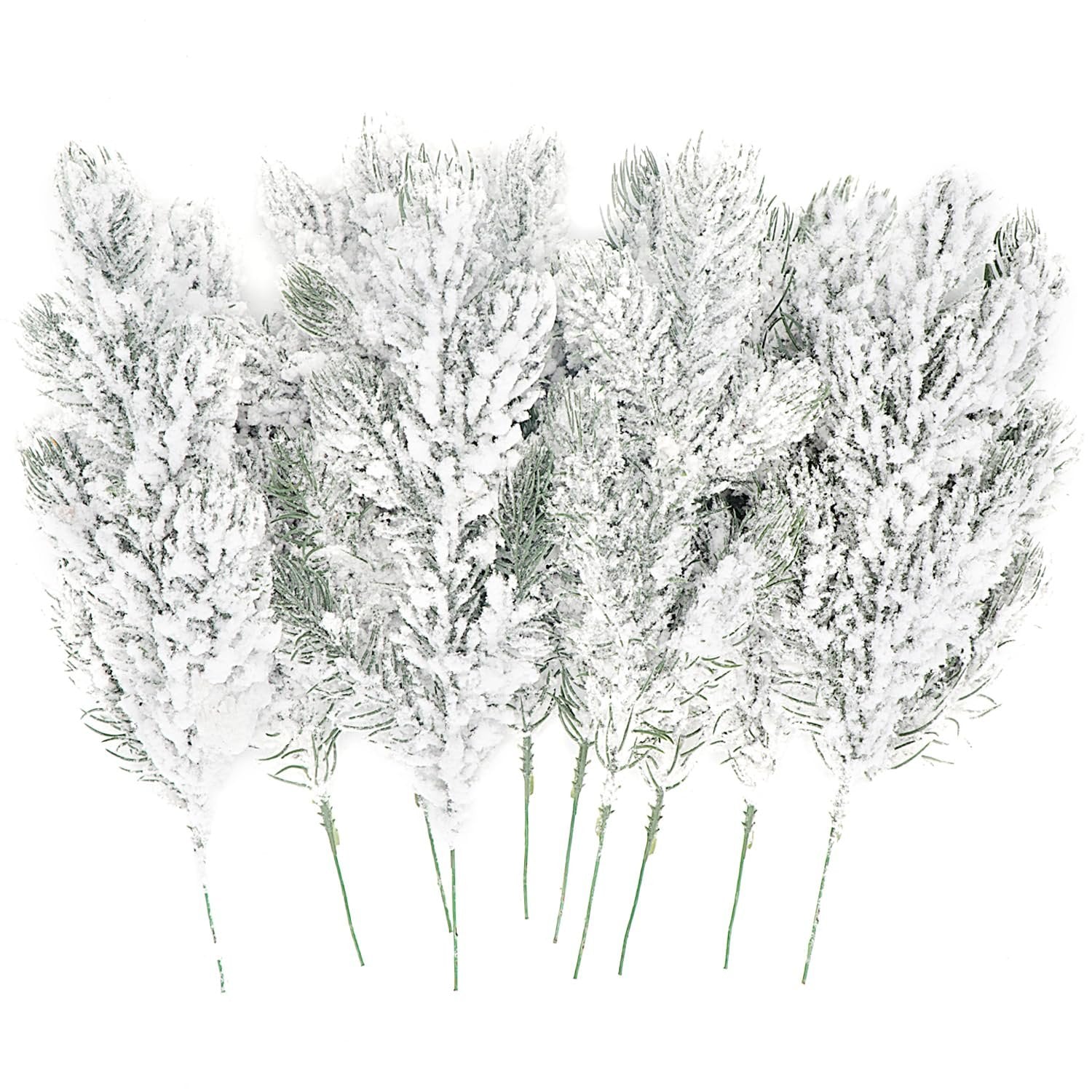 Group of 10 frosted artificial pine needle branches with white snow effect, on white background