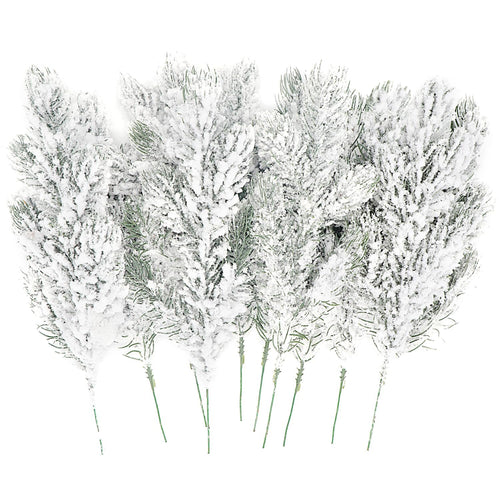 Group of 10 frosted artificial pine needle branches with white snow effect, on white background
