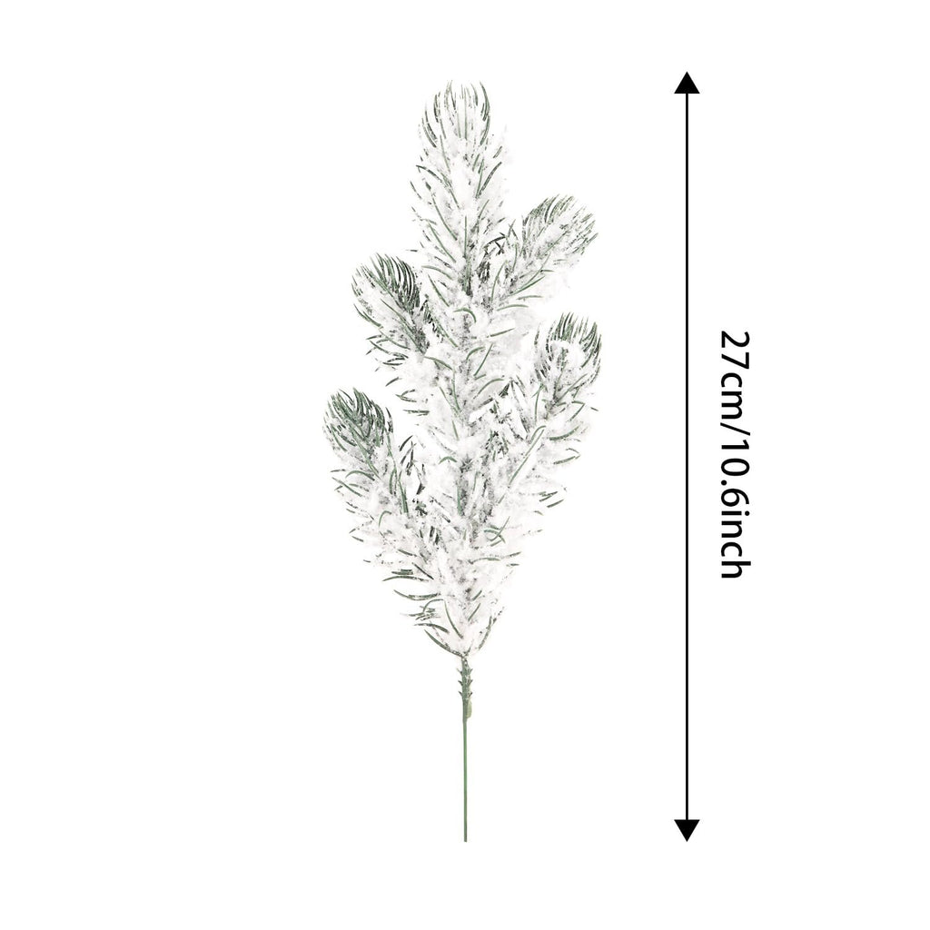 Frosted artificial pine needle branch with white snow detail, shown with a vertical measurement indicator.