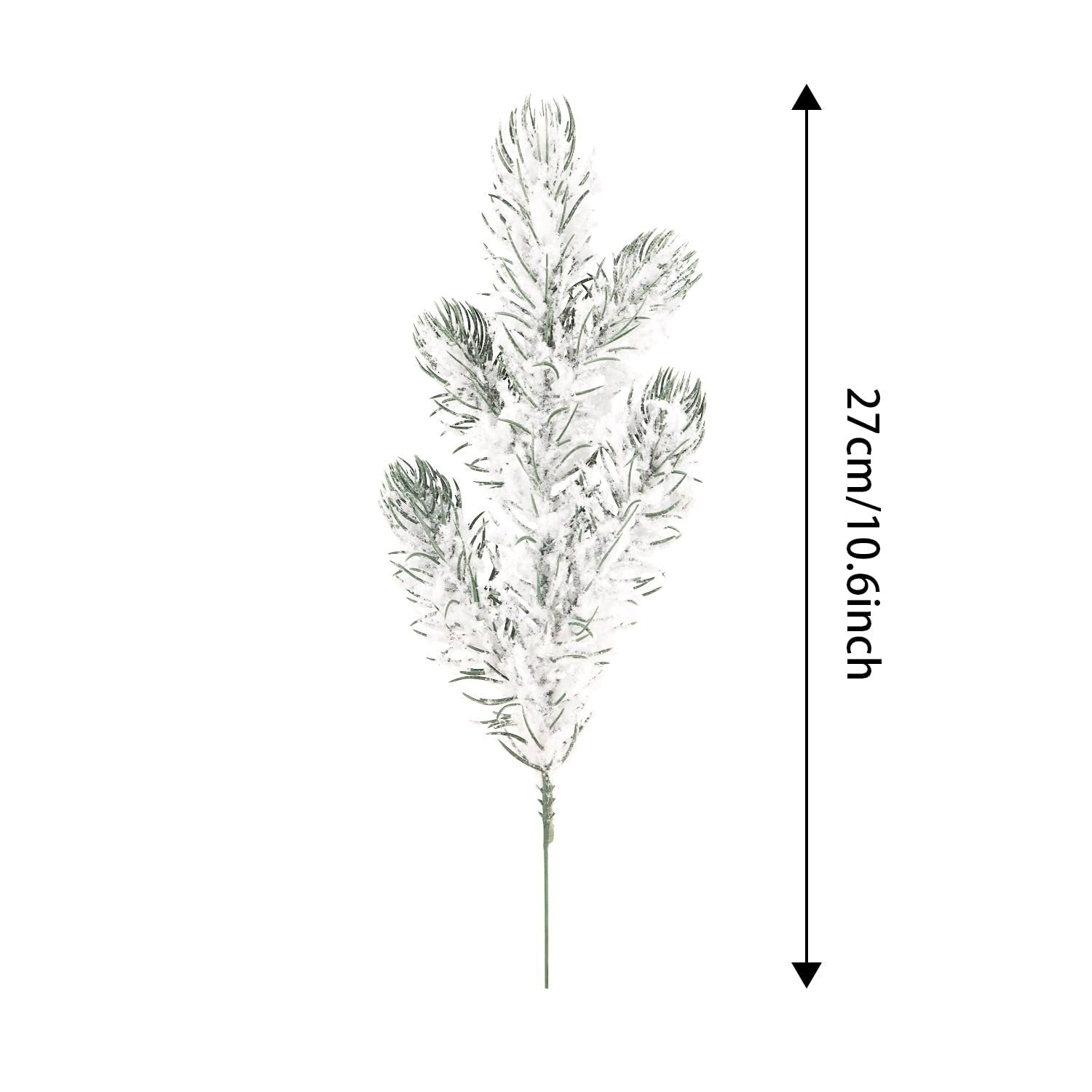 Frosted artificial pine needle branch with white snow detail, shown with a vertical measurement indicator.