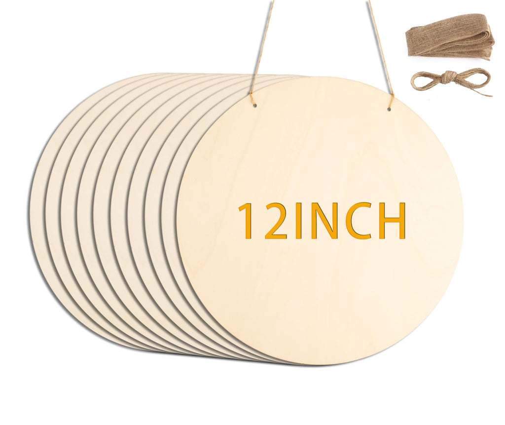 Stack of 10 unfinished wood circles with twine and burlap ribbon, one circle shows '12INCH' text